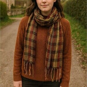 Scarf Red Forest Green Plaid Fringe Lightweight Rayon Shawl 76x16 Christmas